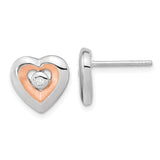 Sterling Silver RH-plated & Rose Gold-plated Diamond Heart Post Earrings-WBC-QE15649