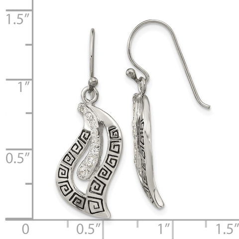 Sterling Silver Polished Enamel CZ Greek Key Dangle Shephard Hook Earrings-WBC-QE15668