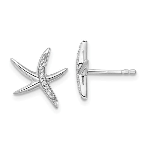 Sterling Silver Rhodium-plated CZ Starfish Post Earrings-WBC-QE15676