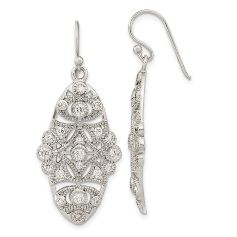 Sterling Silver Polished Fancy CZ Dangle Shephard Hook Earrings-WBC-QE15677