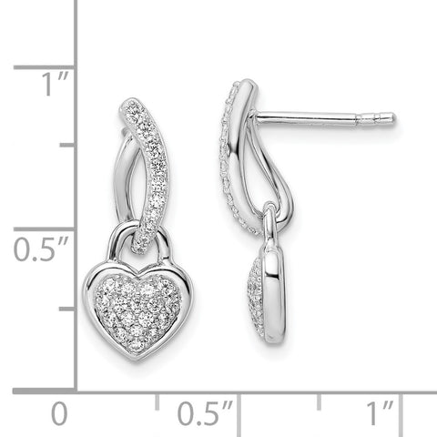 Sterling Silver Rhodium-plated CZ Heart Dangle Post Earrings-WBC-QE15678
