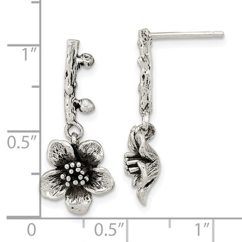 Sterling Silver Oxidized Flower w/Branch Dangle Post Earrings-WBC-QE15706