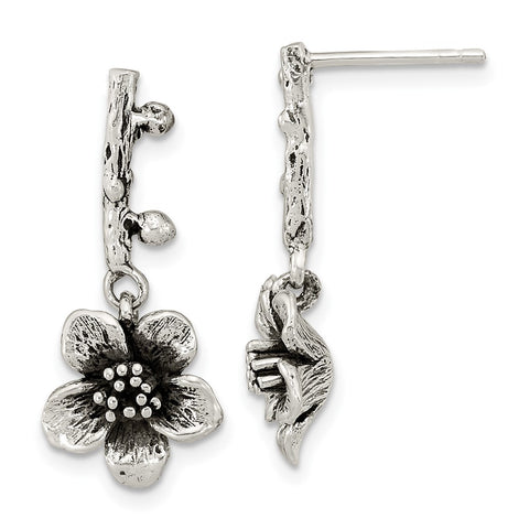 Sterling Silver Oxidized Flower w/Branch Dangle Post Earrings-WBC-QE15706