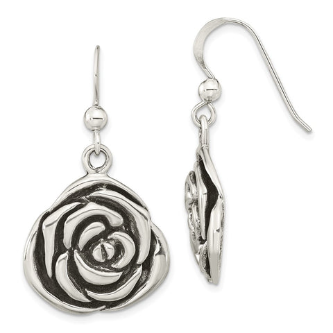 Sterling Silver Polished Antiqued Rose Dangle Earrings-WBC-QE15707