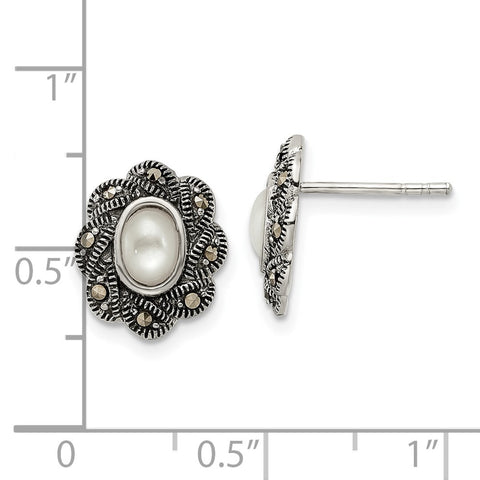 Sterling Silver Antiqued Marcasite & MOP Post Earrings-WBC-QE15709