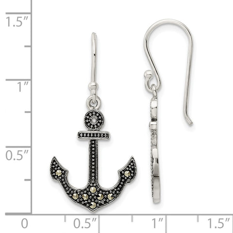 Sterling Silver Antiqued Marcasite Anchor Shepherd Hook Earrings-WBC-QE15712