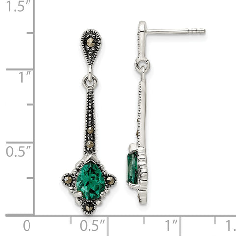Sterling Silver Antiqued Marcasite & Lab Created Green Quartz Earrings-WBC-QE15713