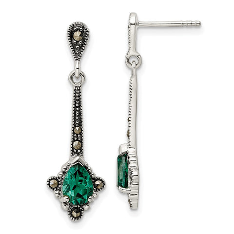 Sterling Silver Antiqued Marcasite & Lab Created Green Quartz Earrings-WBC-QE15713