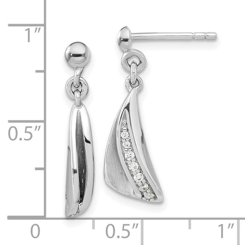 Sterling Silver RH-plated Brushed & Polished CZ Dangle Post Earrings-WBC-QE15722