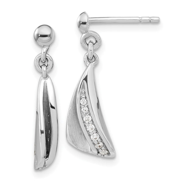 Sterling Silver RH-plated Brushed & Polished CZ Dangle Post Earrings-WBC-QE15722