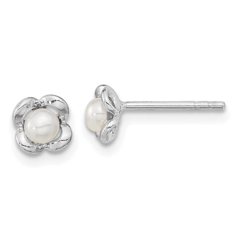 Sterling Silver RH-plated Polished FWC Pearl Flower Post Earrings-WBC-QE15730