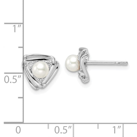 Sterling Silver Rhodium-plated FWC Pearl and CZ Triangle Post Earrings-WBC-QE15735
