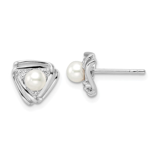 Sterling Silver Rhodium-plated FWC Pearl and CZ Triangle Post Earrings-WBC-QE15735