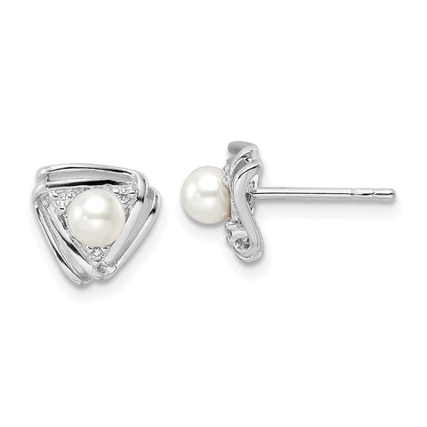 Sterling Silver Rhodium-plated FWC Pearl and CZ Triangle Post Earrings-WBC-QE15735