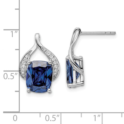 Sterling Silver Rhodium-plated Blue Shaped Stone & CZ Post Earrings-WBC-QE15747