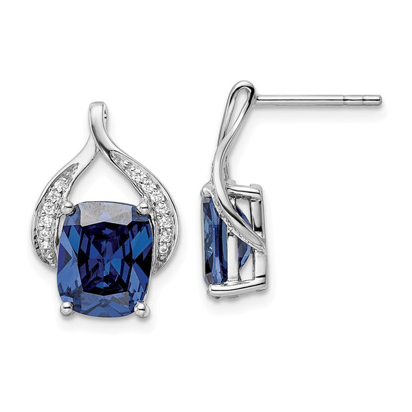 Sterling Silver Rhodium-plated Blue Shaped Stone & CZ Post Earrings-WBC-QE15747