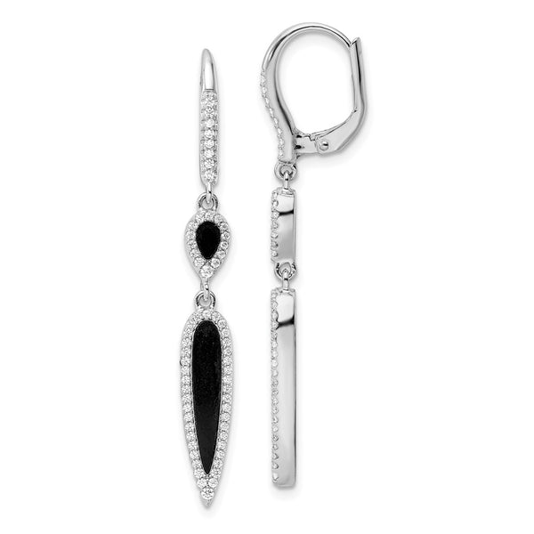 Sterling Silver Rhodium-plated CZ & Black Agate Hinged Dangle Earrings-WBC-QE15752