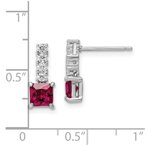 Sterling Silver Rhodium-plated Created Ruby and CZ Post Dangle Earrings-WBC-QE15755