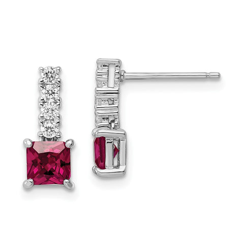 Sterling Silver Rhodium-plated Created Ruby and CZ Post Dangle Earrings-WBC-QE15755