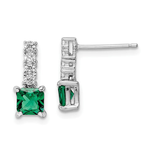 Sterling Silver Polished Rhodium-plated Green/Clear CZ Post Dangle Earrings-WBC-QE15757