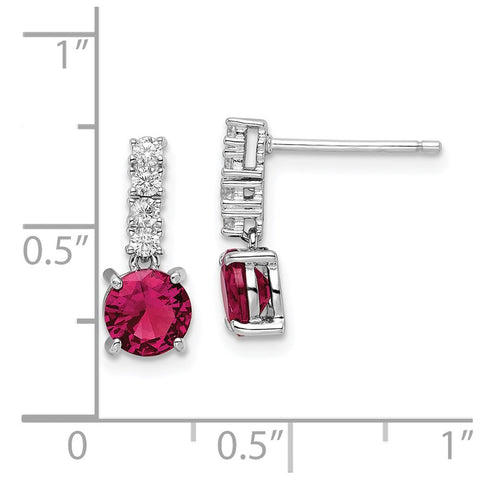 Sterling Silver Rhodium-plated Created Ruby and CZ Post Dangle Earrings-WBC-QE15758