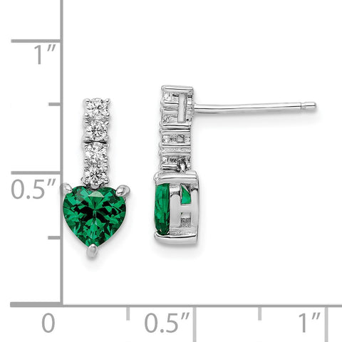 Sterling Silver Polished Rhodium Green/Clear CZ Heart Post Dangle Earrings-WBC-QE15763