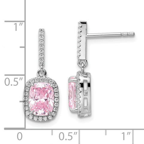 Sterling Silver Rhodium-plated Pink & White CZ Dangle Post Earrings-WBC-QE15764