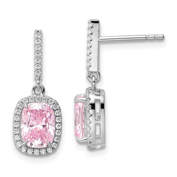 Sterling Silver Rhodium-plated Pink & White CZ Dangle Post Earrings-WBC-QE15764