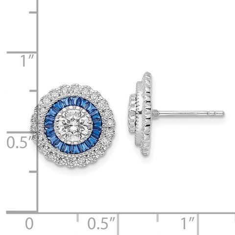 Sterling Silver Rhodium-plated Polished Blue & White CZ Round Post Earrings-WBC-QE15765
