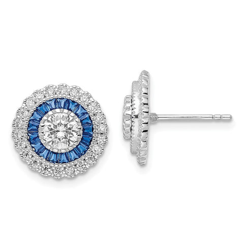 Sterling Silver Rhodium-plated Polished Blue & White CZ Round Post Earrings-WBC-QE15765