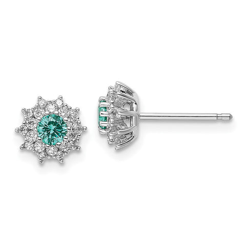 Sterling Silver Rhodium plated Teal & White CZ Post Earrings-WBC-QE15768