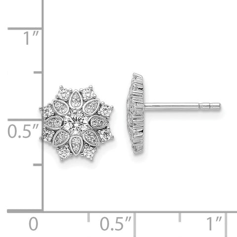 Sterling Silver Rhodium-plated CZ Flower Post Earrings-WBC-QE15771