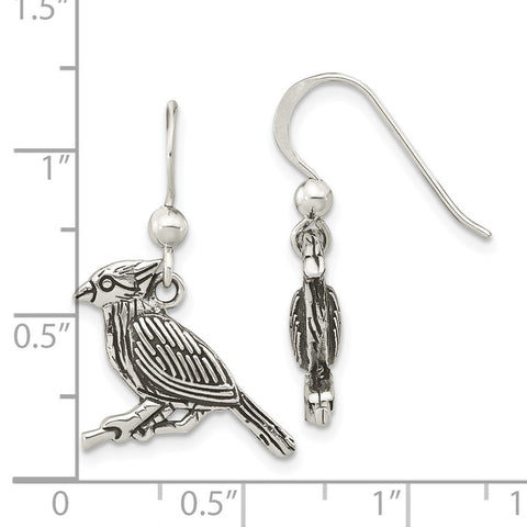 Sterling Silver Antiqued Bird on Branch Dangle Earrings-WBC-QE15781