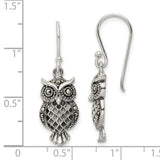 Sterling Silver Antiqued Marcasite Owl Shepherd Hook Earrings-WBC-QE15784