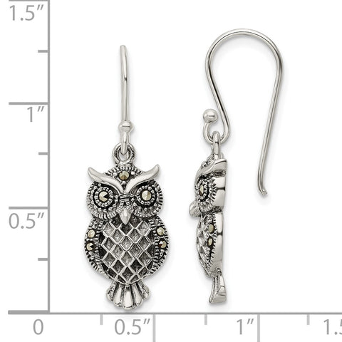Sterling Silver Antiqued Marcasite Owl Shepherd Hook Earrings-WBC-QE15784