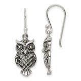 Sterling Silver Antiqued Marcasite Owl Shepherd Hook Earrings-WBC-QE15784