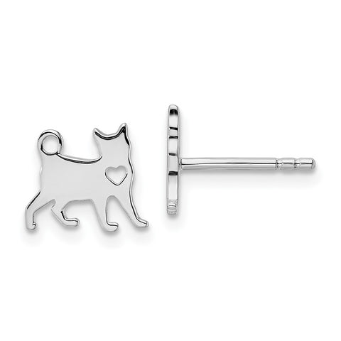 Sterling Silver Rhodium-plated Cat w/Heart Post Earrings-WBC-QE15785