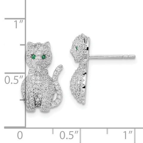 Sterling Silver Rhodium-plated Polished Green & White CZ Cat Post Earrings-WBC-QE15788