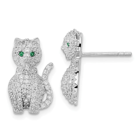 Sterling Silver Rhodium-plated Polished Green & White CZ Cat Post Earrings-WBC-QE15788