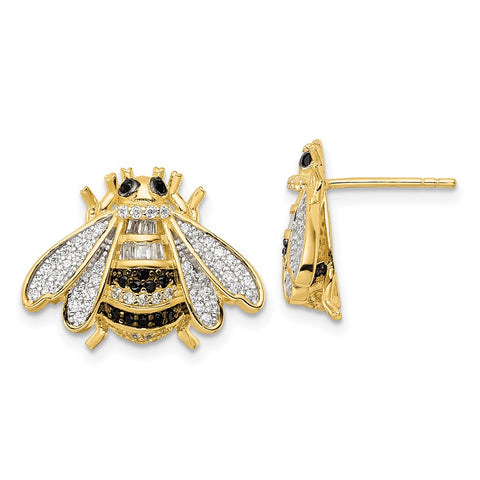 Sterling Silver Blk/White RH-plated Gold Tone CZ Bumblebee Post Earrings-WBC-QE15789