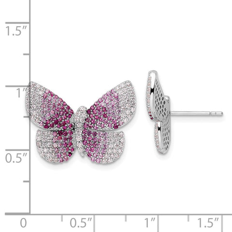 Sterling Silver Rhodium-plated Polished Pink CZ Butterfly Post Earrings-WBC-QE15790