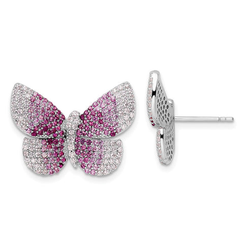 Sterling Silver Rhodium-plated Polished Pink CZ Butterfly Post Earrings-WBC-QE15790
