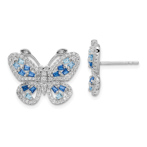 Sterling Silver Rhodium-plated Polished Blue & White CZ Butterfly Post Earr-WBC-QE15791