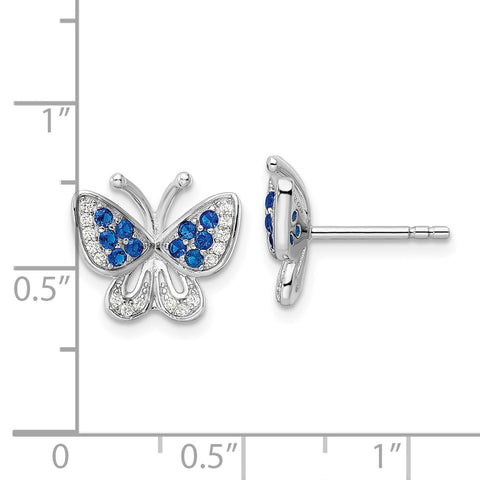 Sterling Silver Rhodium-plated Blue & White CZ Butterfly Post Earrings-WBC-QE15792