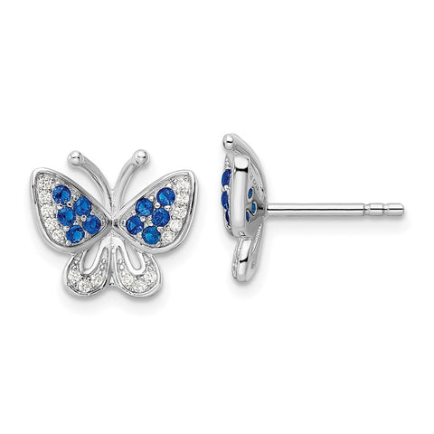 Sterling Silver Rhodium-plated Blue & White CZ Butterfly Post Earrings-WBC-QE15792