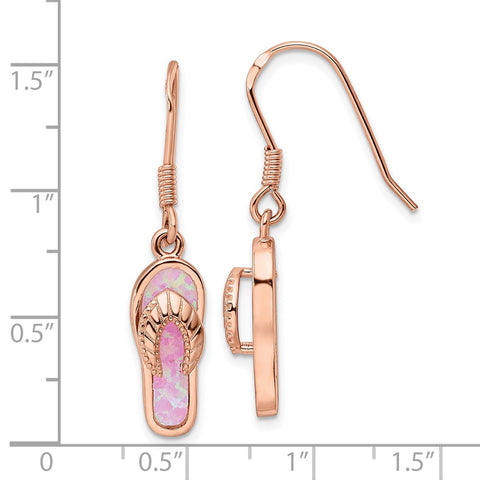 Sterling Silver Rose-tone Pink Created Opal Inlay Flip Flop Dangle Earrings-WBC-QE15793