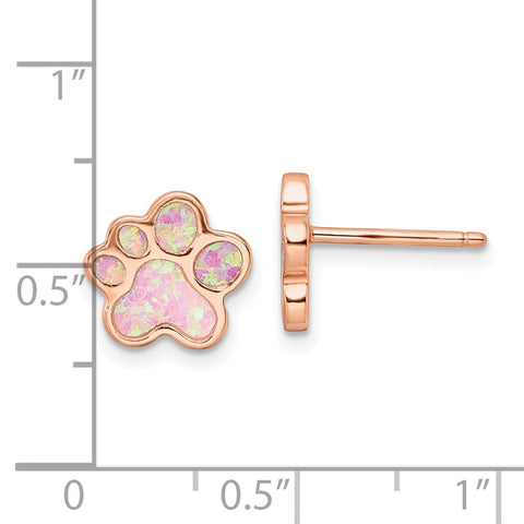Sterling Silver Rose-tone Created Opal Inlay Pawprint Post Earrings-WBC-QE15796