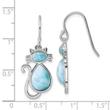 Sterling Silver Rhodium-plated Polished Larimar Cat Dangle Earrings-WBC-QE15797