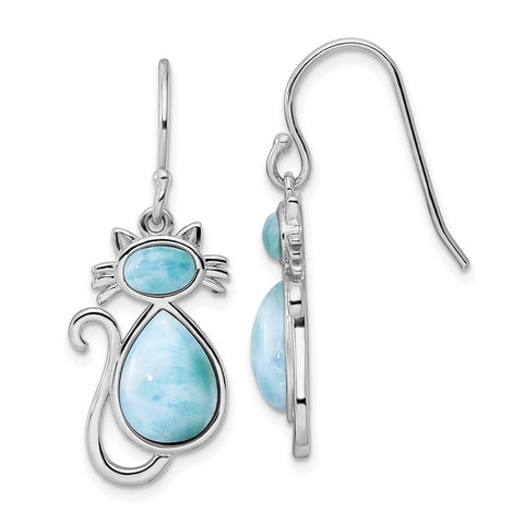 Sterling Silver Rhodium-plated Polished Larimar Cat Dangle Earrings-WBC-QE15797