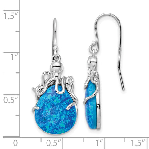 Sterling Silver Rhodium-plated Blue Created Opal Octopus Dangle Earrings-WBC-QE15799